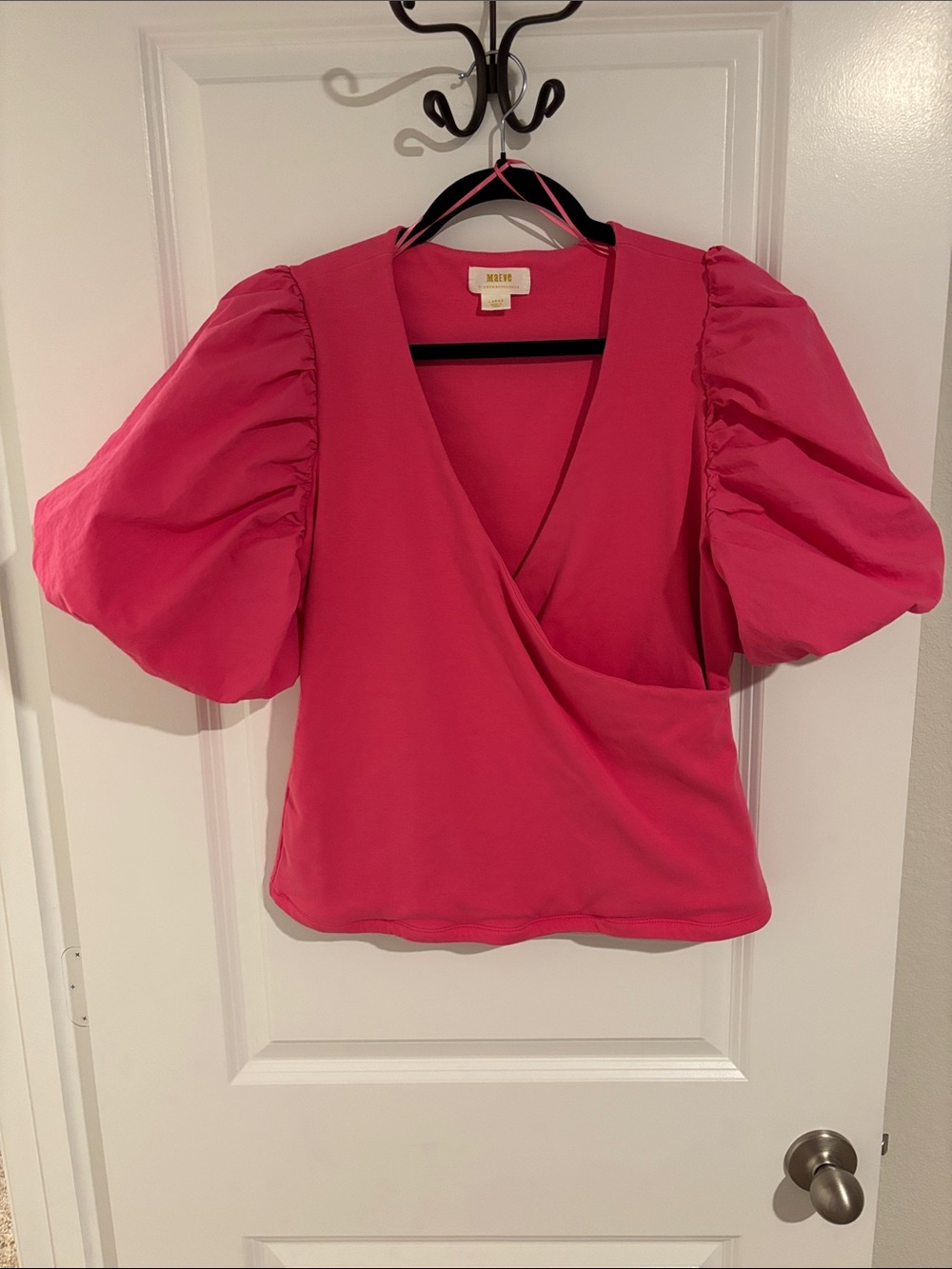 Maeve Hot Pink Puff-Sleeve Wrap Blouse